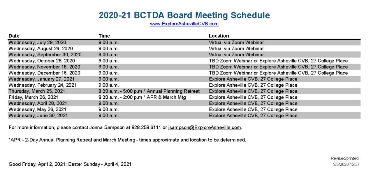 BCTDA FY 2020-21 Board Meeting Schedule rev | Explore Asheville